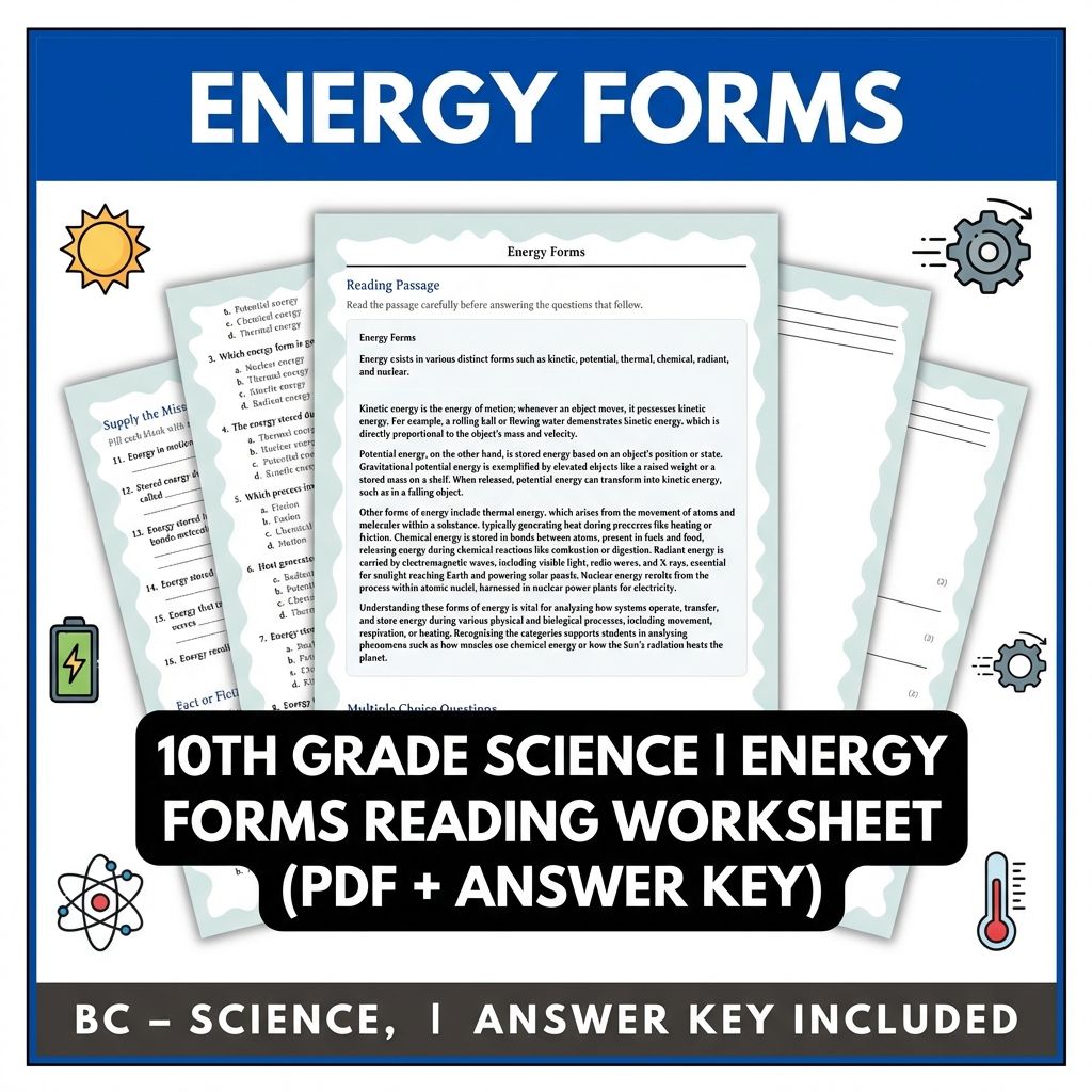 Grade 10 Science | Energy Forms Reading Worksheets (PDF + Answer Key)