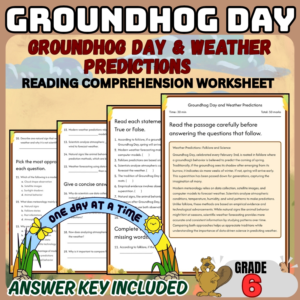 Grade 6 | Groundhog Day Worksheet Bundle for February Lessons (PDF + Answer Key) — included worksheet 1