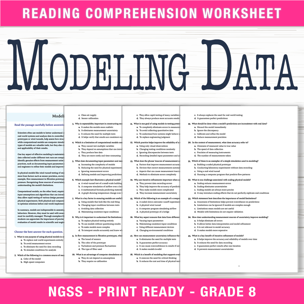 Grade 8 Science worksheet worksheet — Grade 8 Science – Modeling Data Worksheet (PDF + Answer Key) — page 1