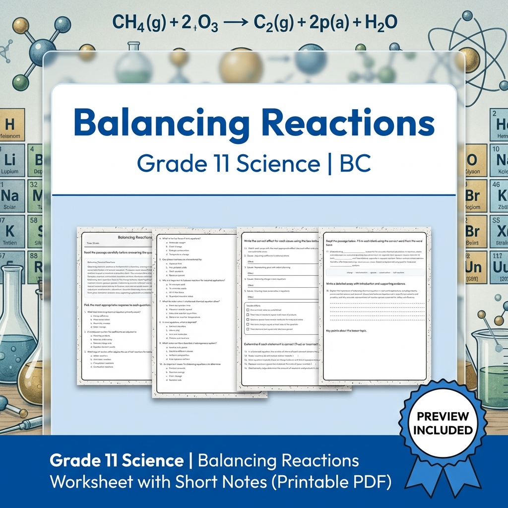 Grade 11 Science Worksheet Bundle | BC Framework | Reaction & Atomic Theory — included worksheet 8