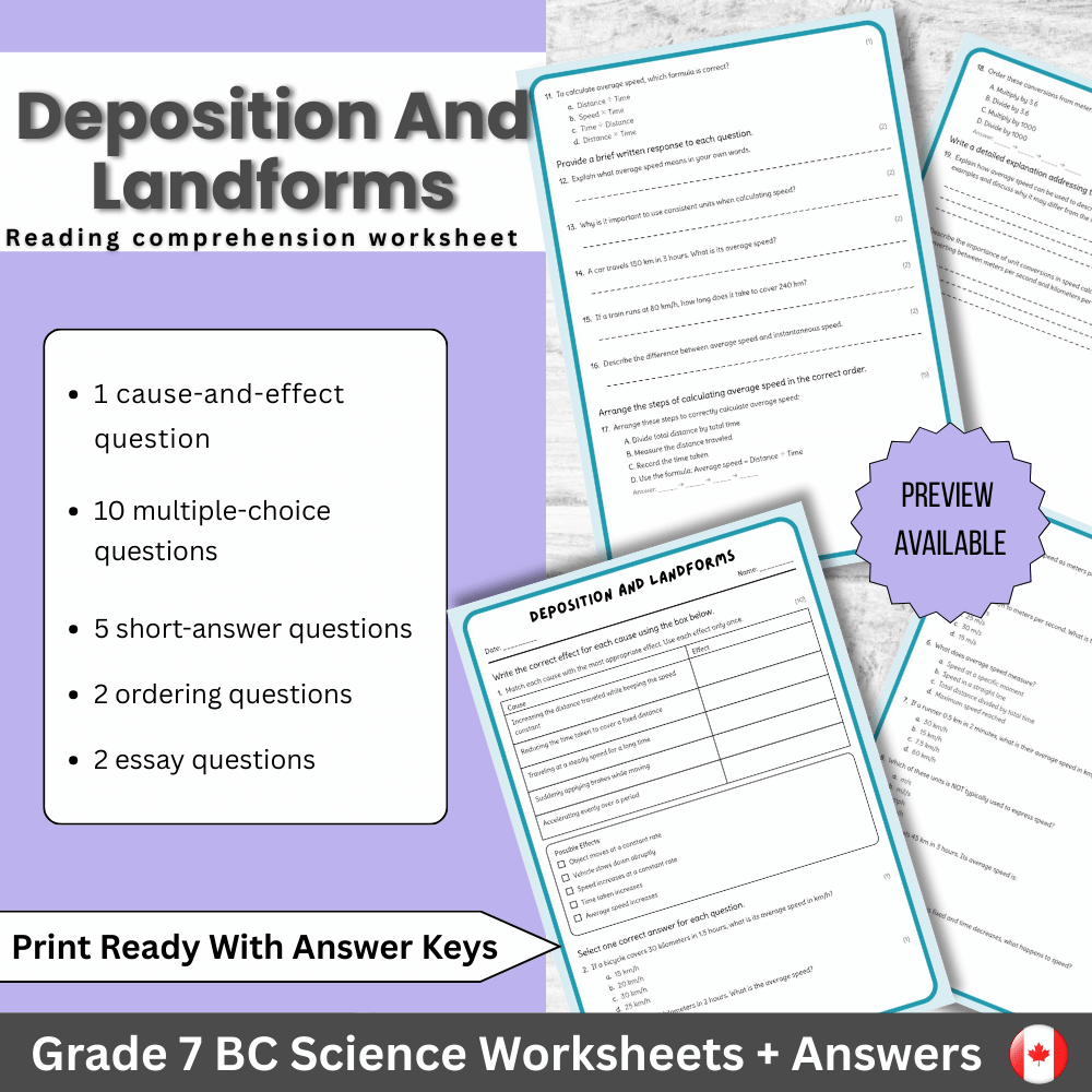 Grade 7 Science | Deposition & Landforms Worksheet (Answer Key) – BC Standards