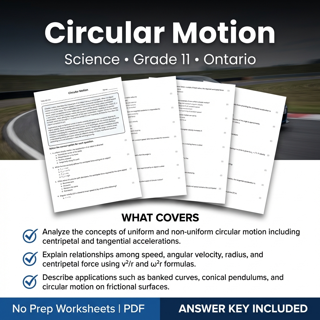 Grade 11 Science Worksheet on Circular Motion | Ontario Standards