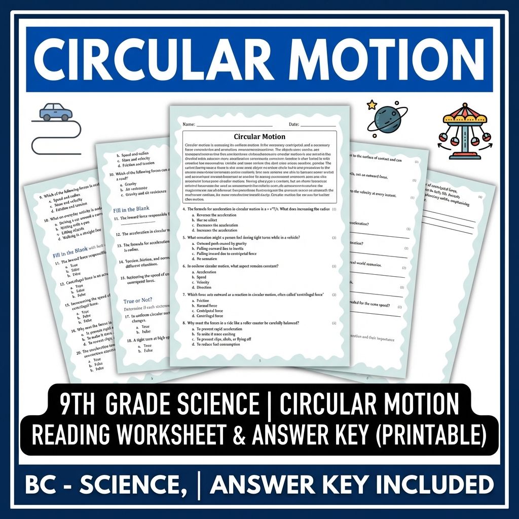 9th Grade Science | Circular Motion Reading Worksheet & Answer Key (Printable)