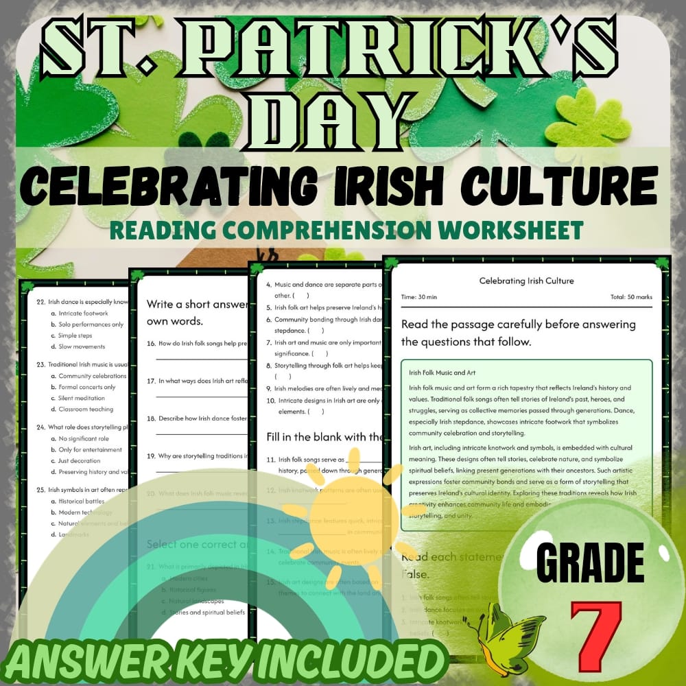 Grade 7 Holiday Bundle | St. Patrick's Day Cultural Traditions and Irish Legends — included worksheet 3