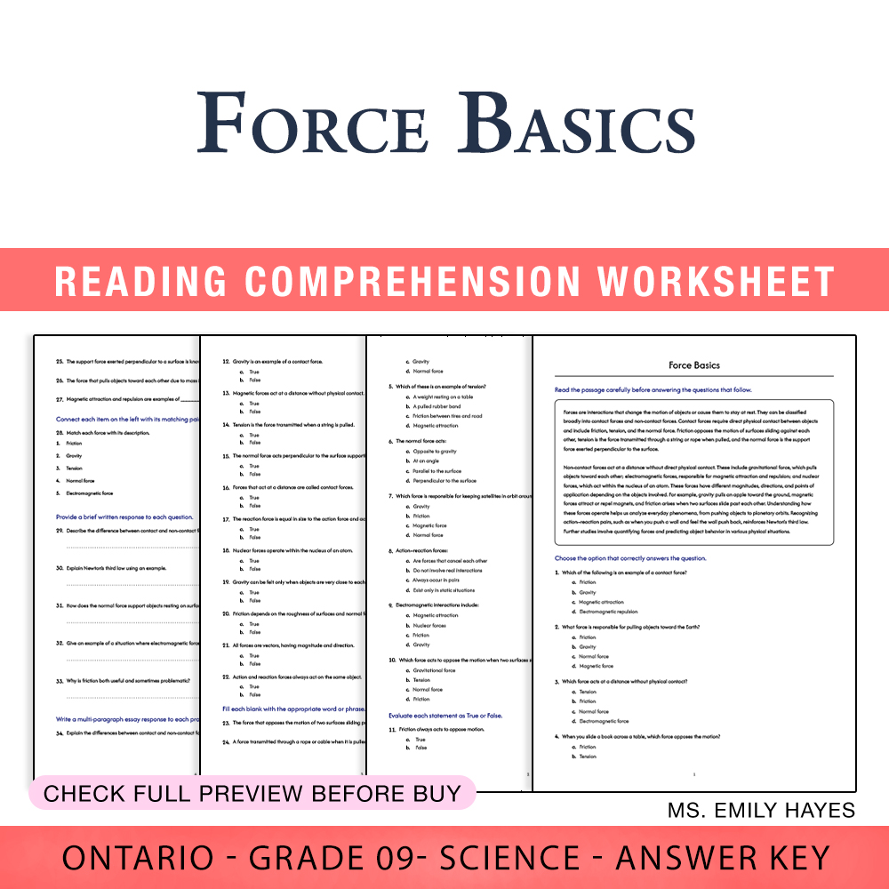 Grade 9 Science worksheet worksheet — 9th Grade Science | Force Basics Worksheet (PDF + Answer Key) — page 1