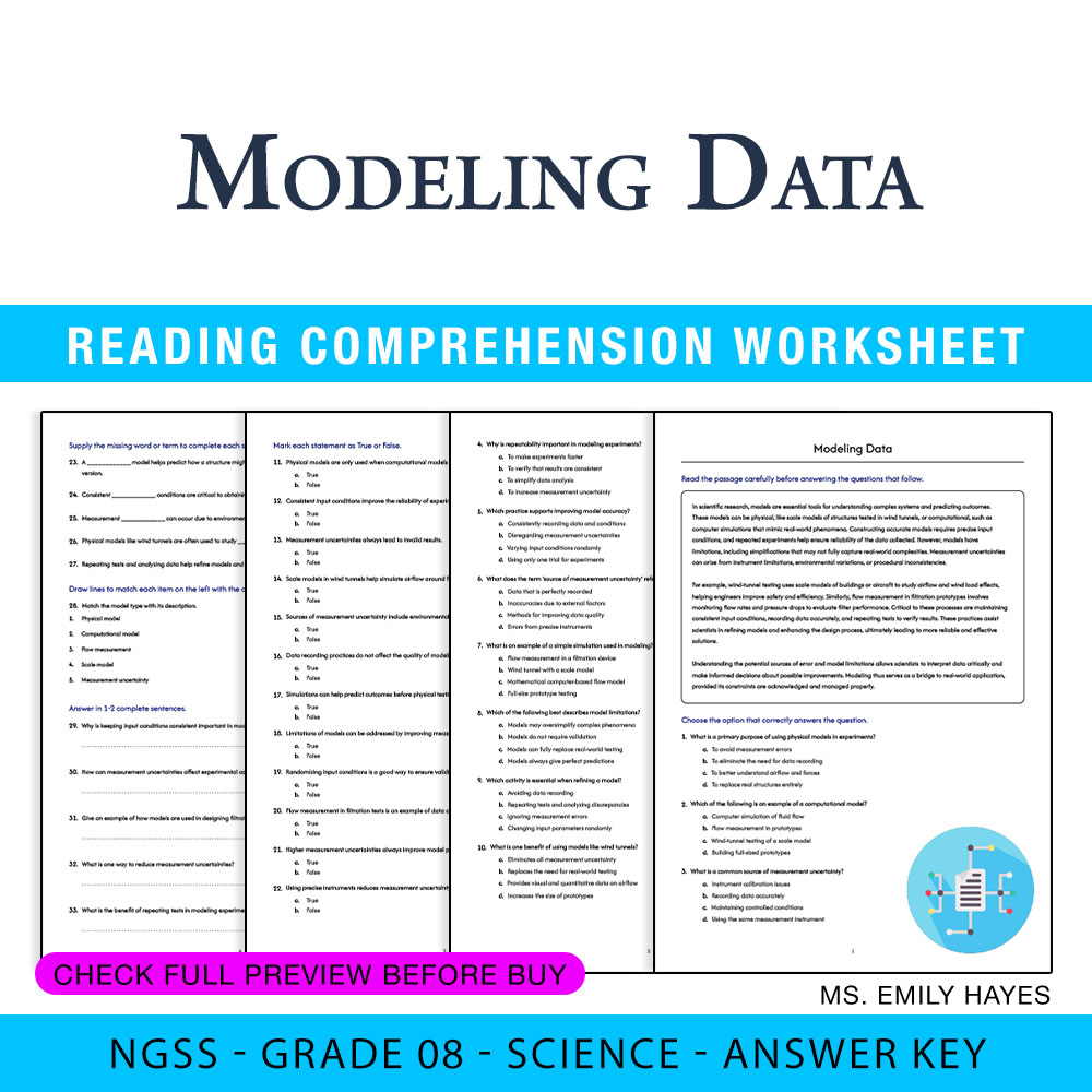 Grade 8 Science worksheet worksheet — 8th Grade Science | Modeling Data Worksheet (PDF+ Answer Key) — page 1