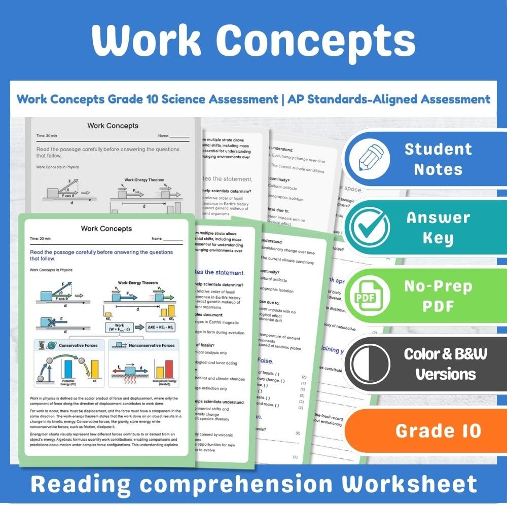 Grade 10 Science assessment worksheet — Work Concepts Grade 10 Science Assessment | AP Standards-Aligned Assessment — page 1