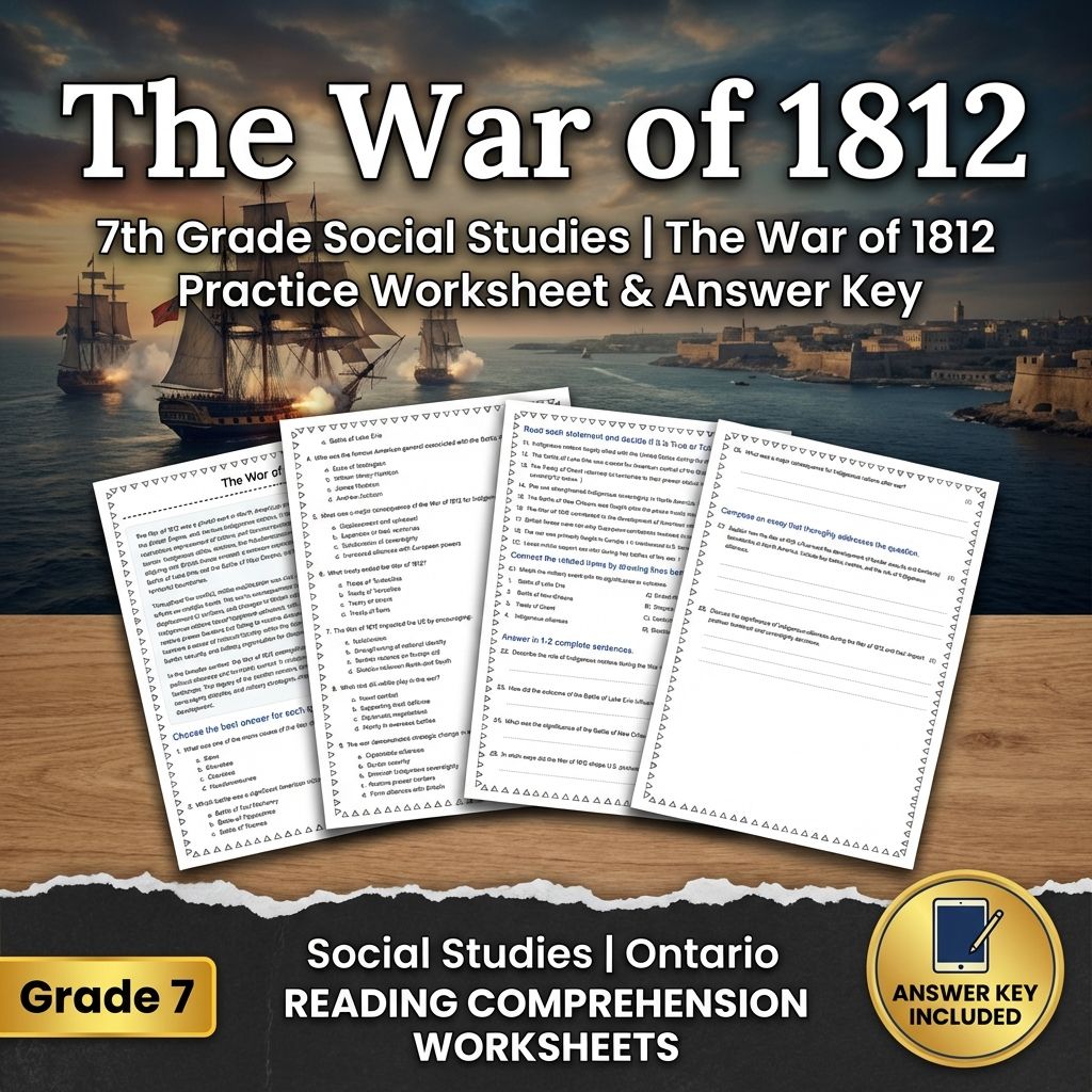 7th Grade Social Studies | The War of 1812 Practice Worksheet & Answer Key