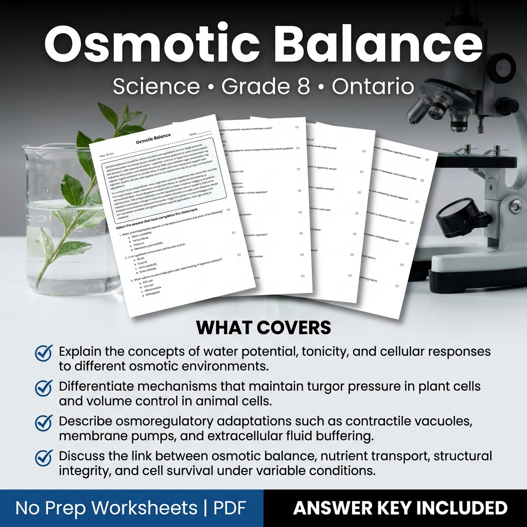 Grade 8 Science Worksheet on Osmotic Balance | Ontario Standards