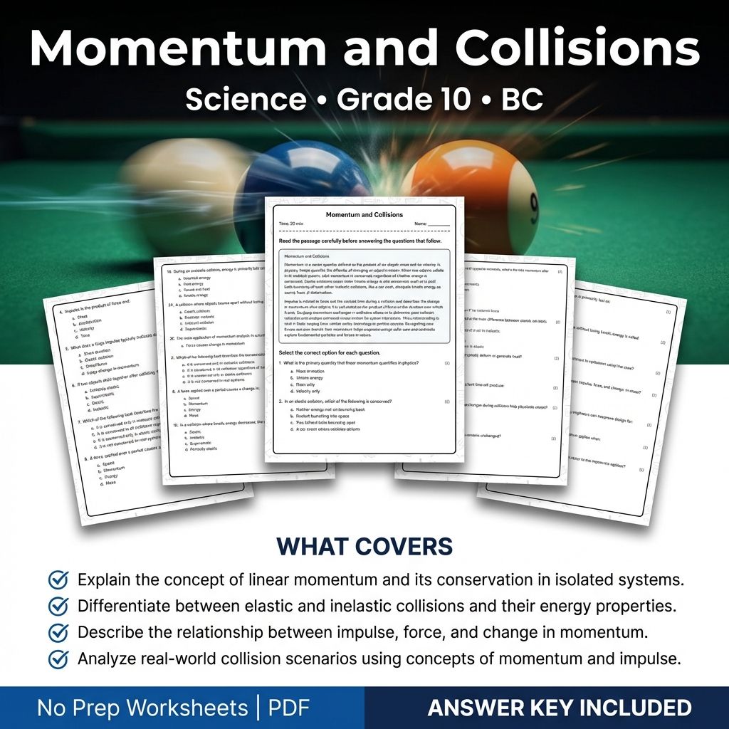 Grade 10 Science | Momentum and Collisions Worksheet with Answer Key PDF