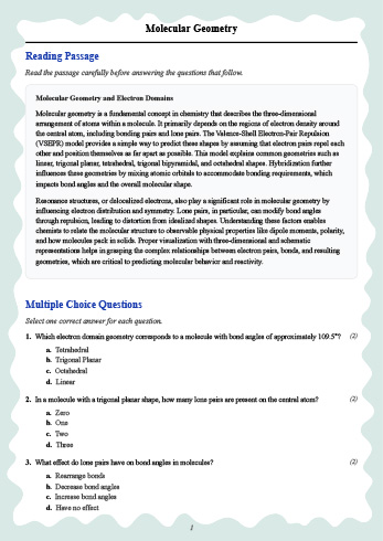 Grade 12 Science reading worksheets worksheet — 12th Grade Science | Molecular Geometry Reading Worksheet & Answer Key (PD…