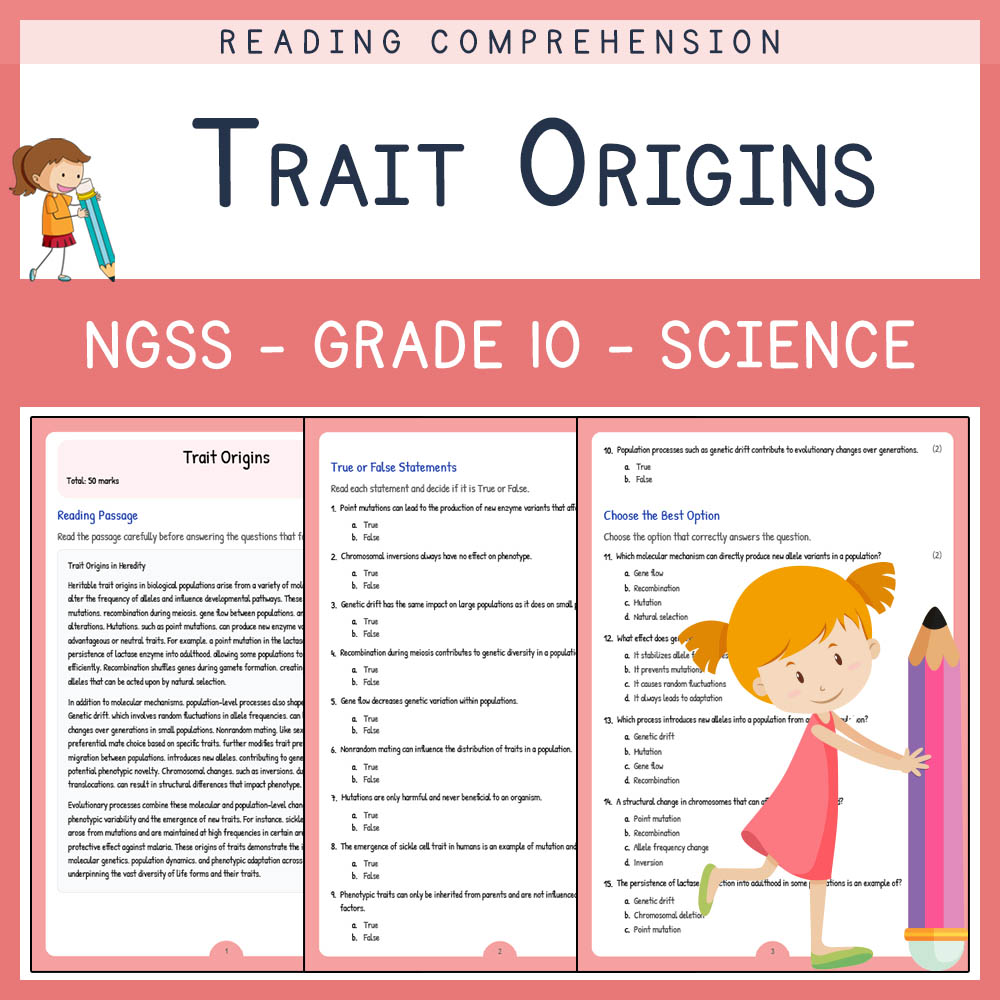 Grade 10 Science worksheet worksheet — Grade 10 Science | Trait Origins Worksheet & Answer Key – NGSS Aligned — page 1