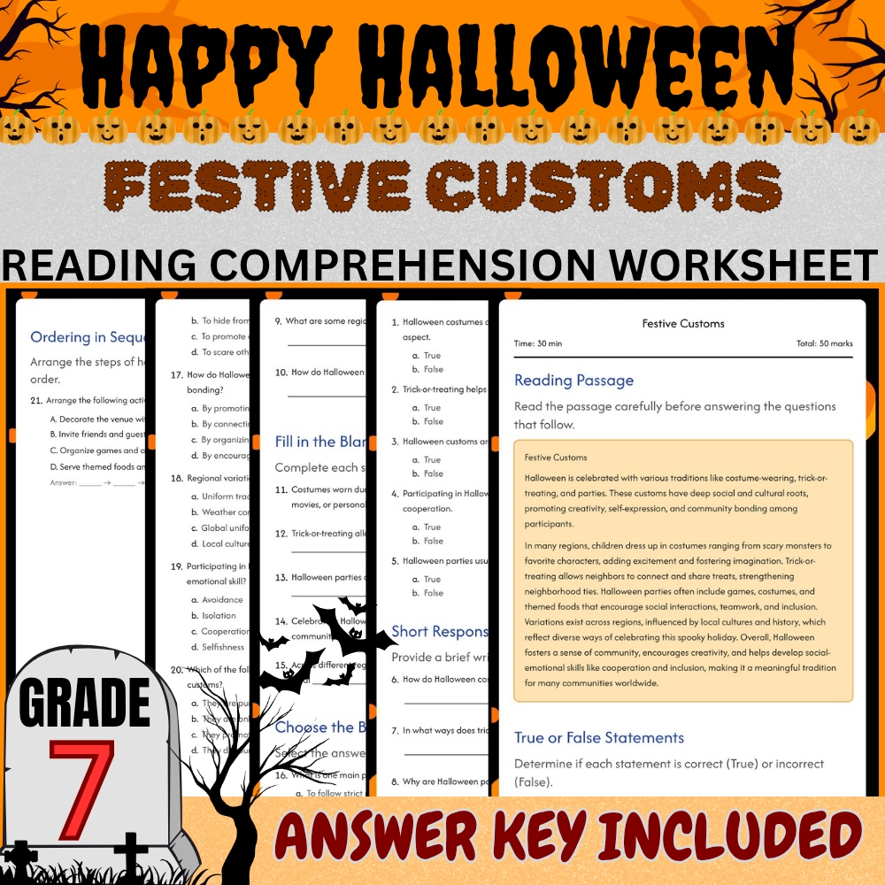 Grade 7 Seasonal Halloween Education Unit | Worksheets & Answer Keys — included worksheet 4