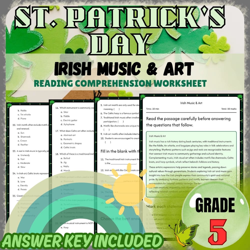 Grade 5 St. Patrick's Day Holiday Worksheets Bundle | March Custom Activities — included worksheet 3