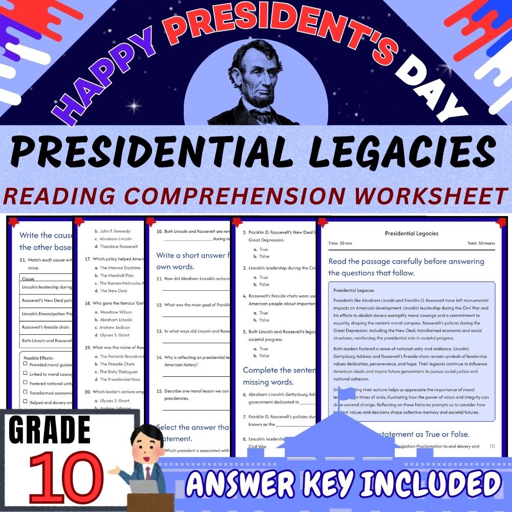 Grade 10 | Presidents Day Worksheet for Legacy Recognition | PDF + Answer Key