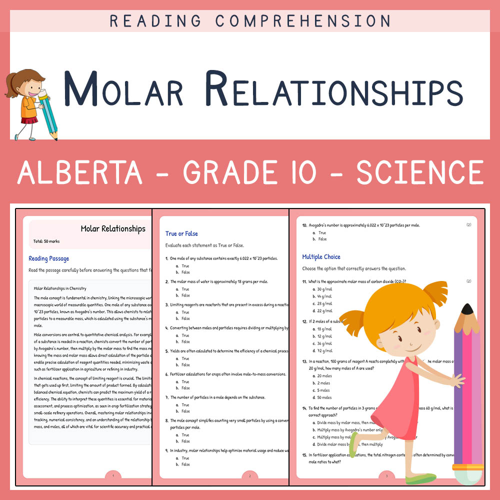 Grade 10 Science worksheet elena worksheet — Grade 10 Science | Molar Relationships Worksheet | Alberta Standards — page 1