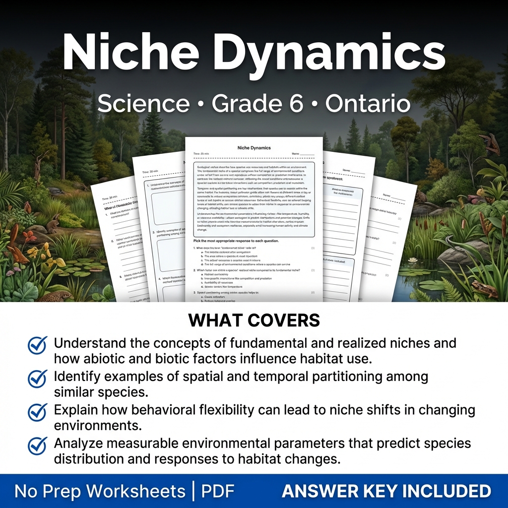 Niche Dynamics Worksheet | Science Grade 6 | Ontario