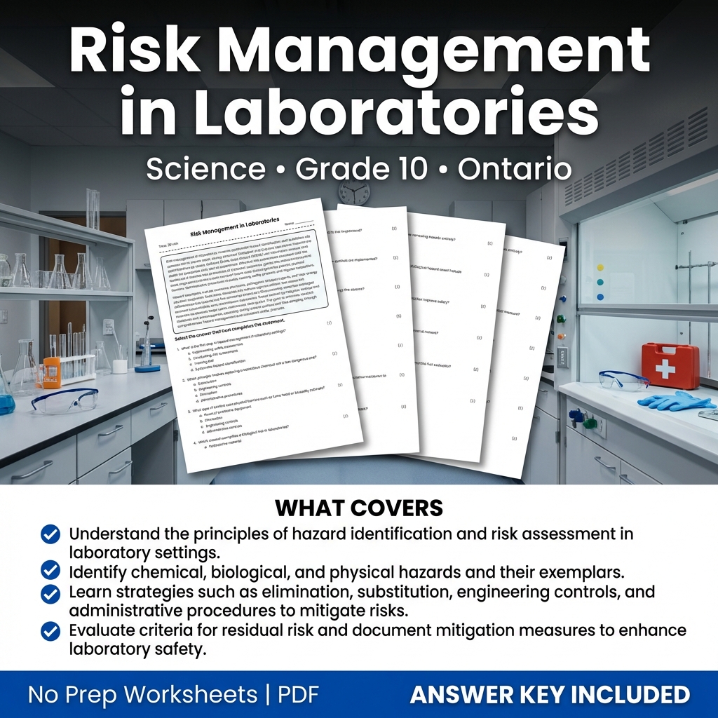 Risk Management in Laboratories Worksheet for Grade 10 Science – Ontario