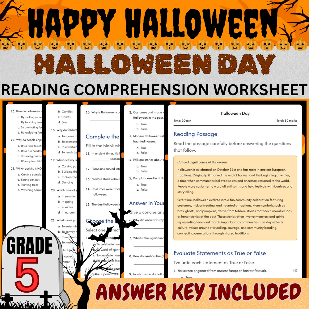 Grade 5 Seasonal Halloween Activities Worksheet Bundle (Answer Key Included) — included worksheet 3