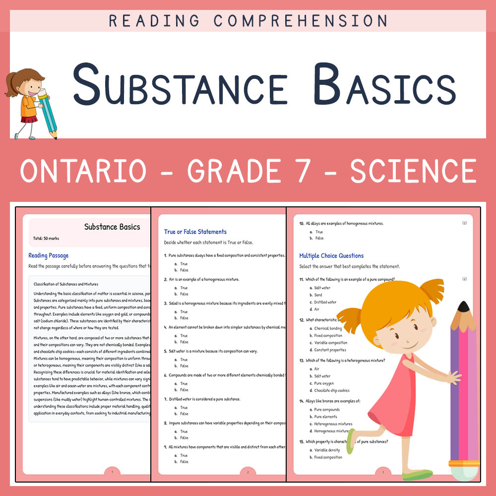 Grade 7 Science worksheet elena worksheet — Grade 7 Science  | Substance Basics Worksheet Elena | Ontario Standards — page 1