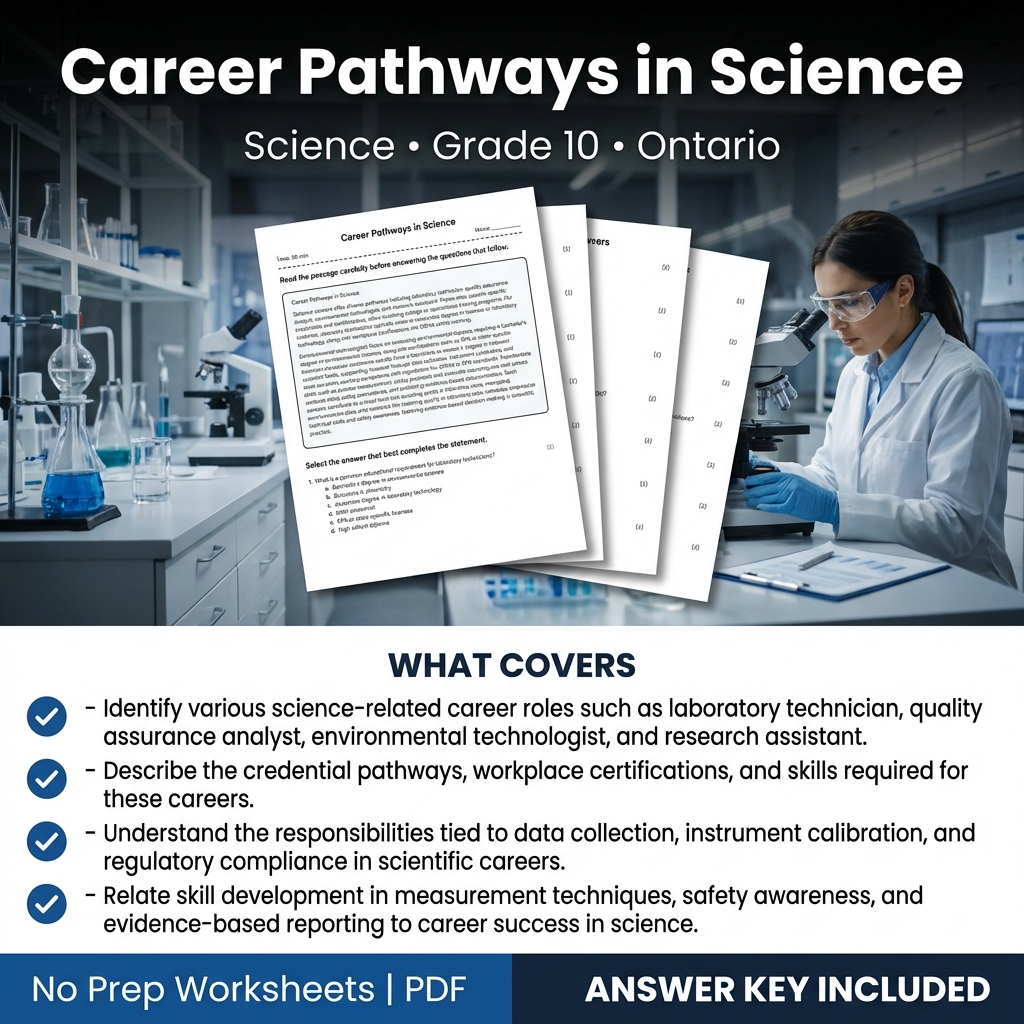 Career Pathways in Science Grade 10 Worksheet | Ontario Standard