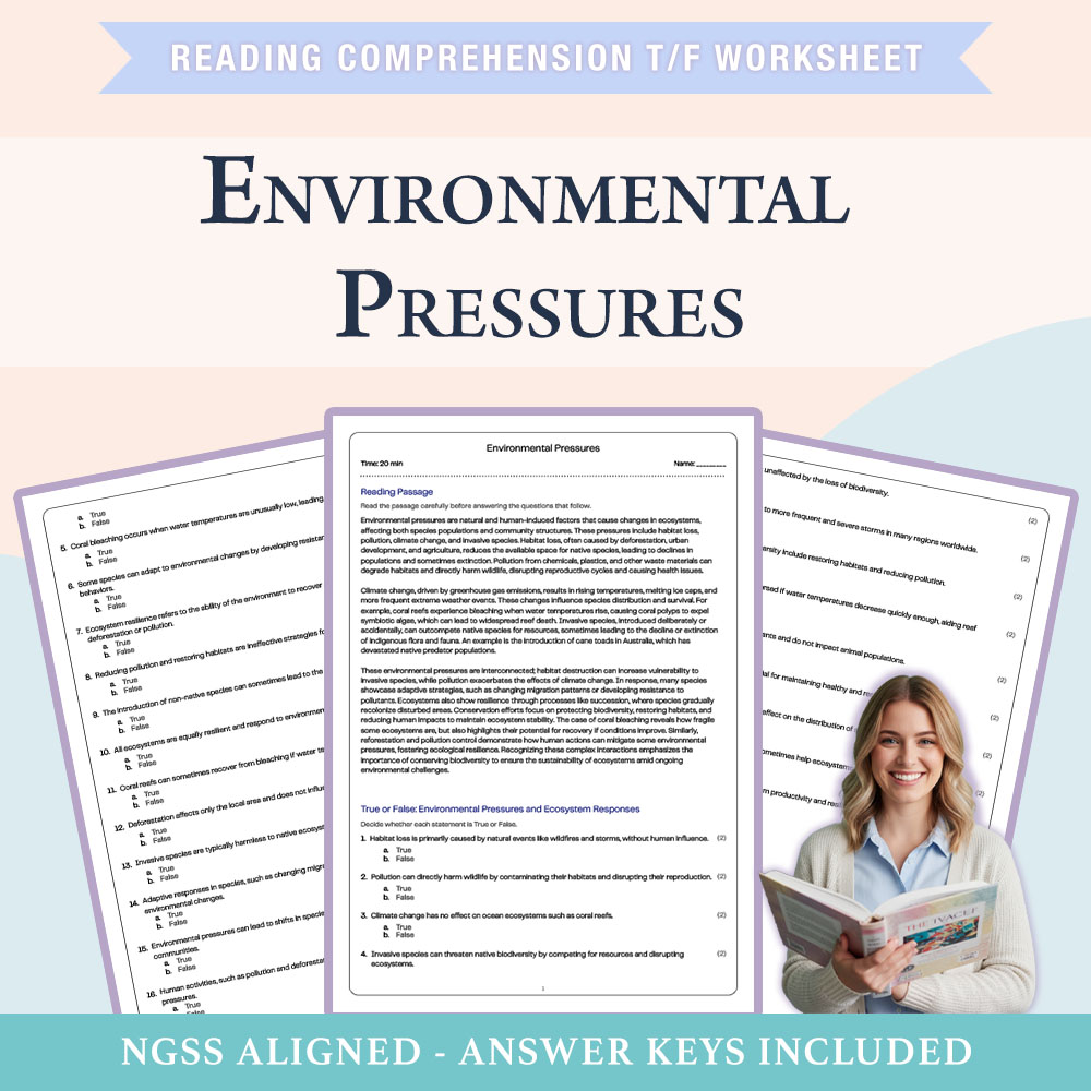 Science reading comprehensions true or false worksheet worksheet — 7th Grade Science | Environmental Pressures Worksheet (…