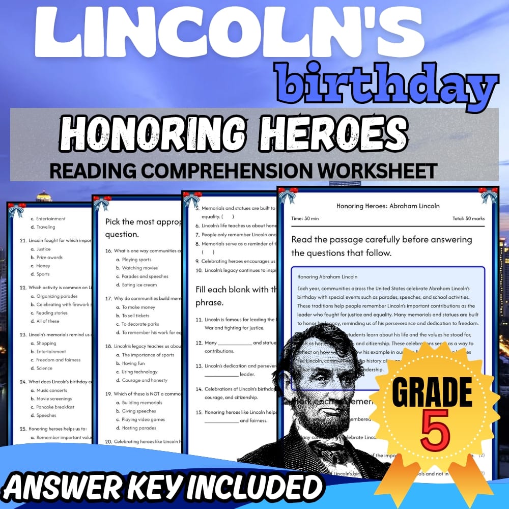 Grade 5 Lincoln's Birthday Worksheet for Abraham Lincoln | PDF + Answer Key