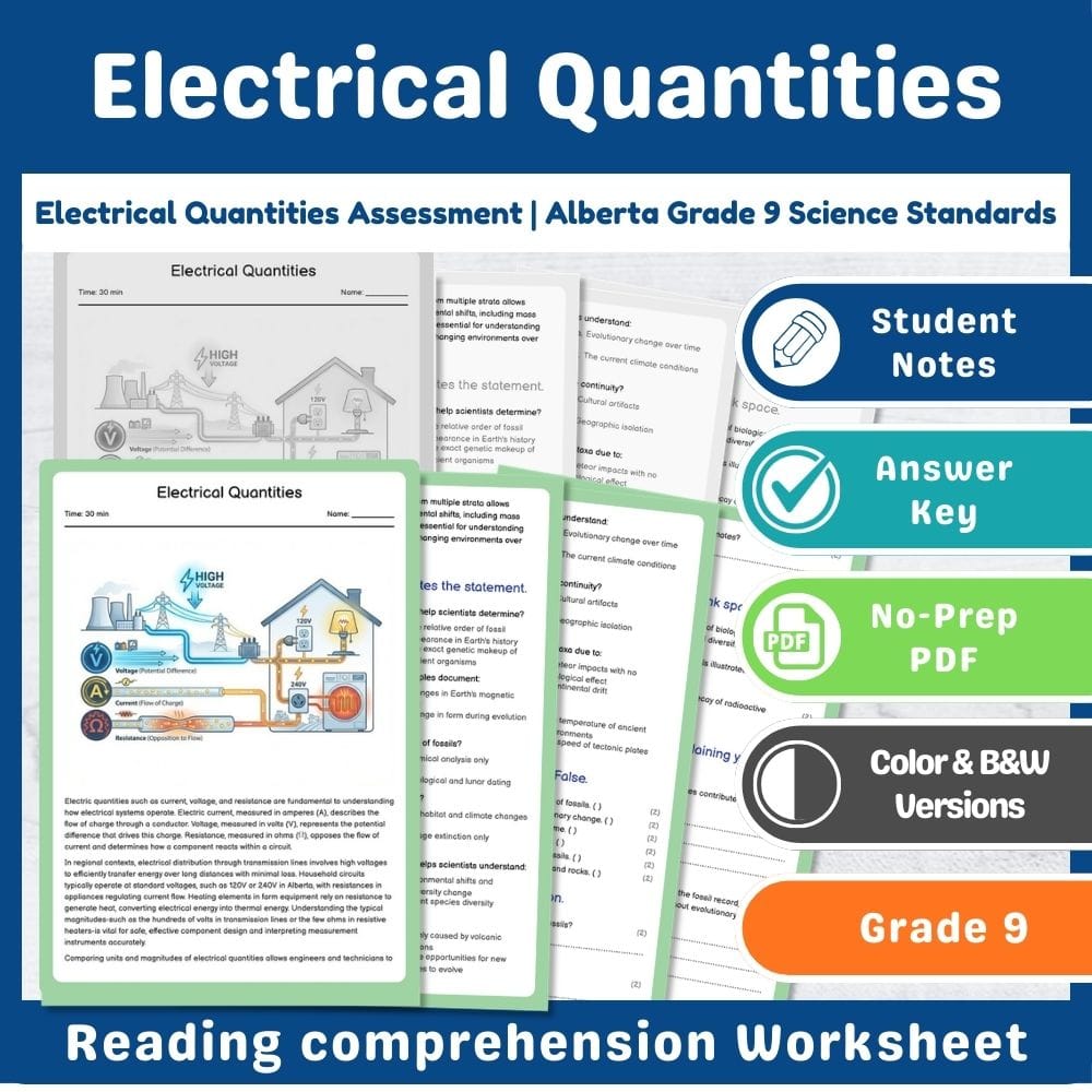 Grade 9 Science assessment worksheet — Electrical Quantities Assessment | Alberta Grade 9 Science Standards — page 1