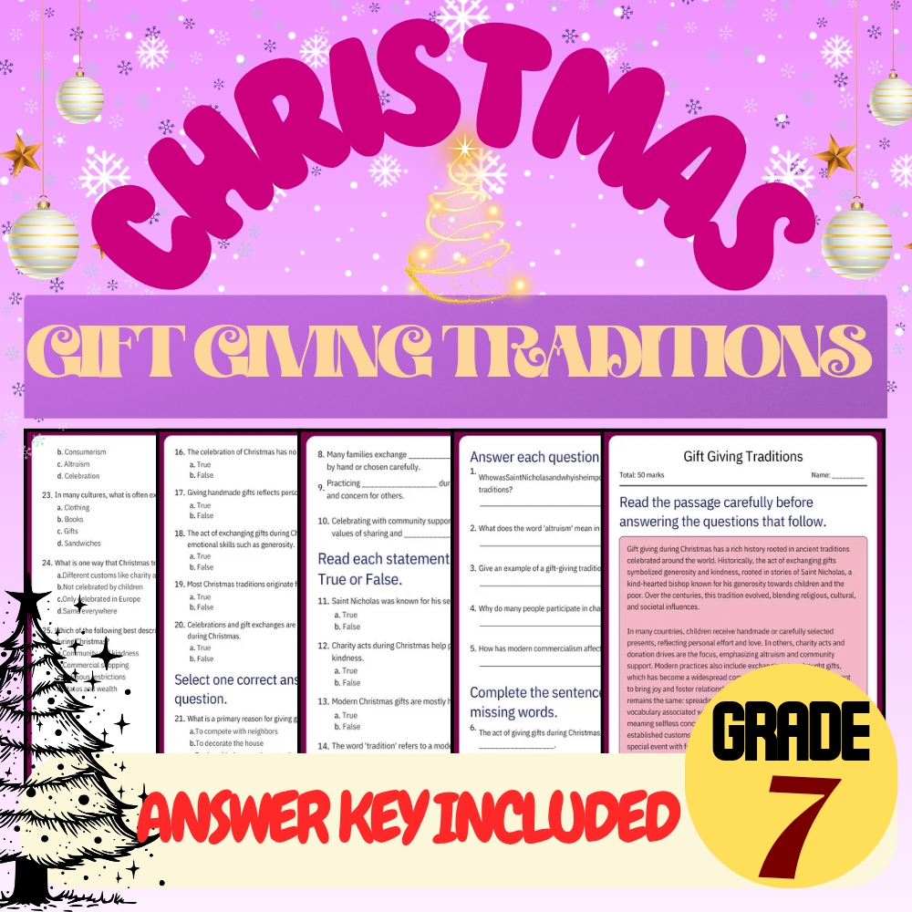 Grade 7 Seasonal Bundle| Holiday Traditions & Cultural Lessons(PDF + Answer Key) — included worksheet 4