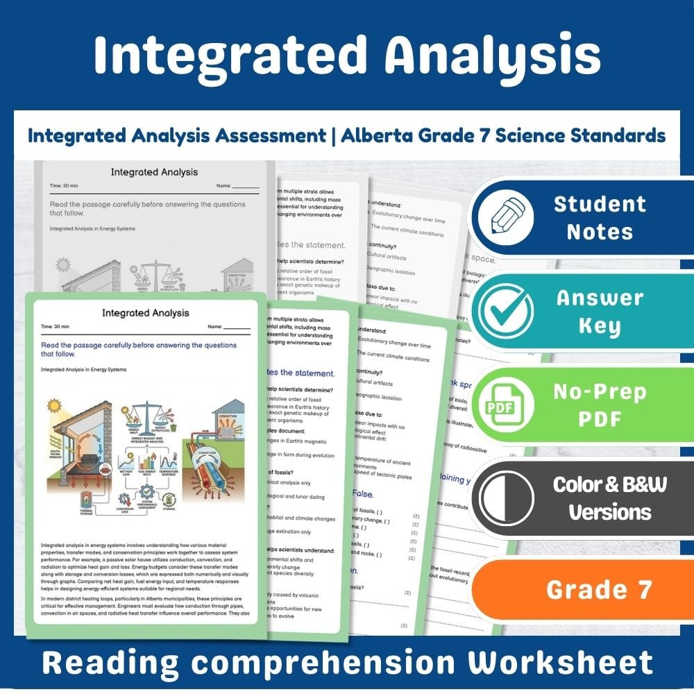 Grade 7 Science assessment worksheet — Integrated Analysis Assessment | Alberta Grade 7 Science Standards — page 1