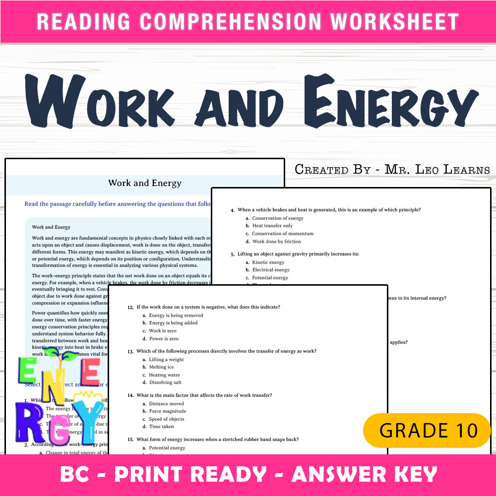 Grade 10 Science worksheet mcq paper worksheet — Grade 10 Science — Work and Energy Worksheet for Mastery — page 1