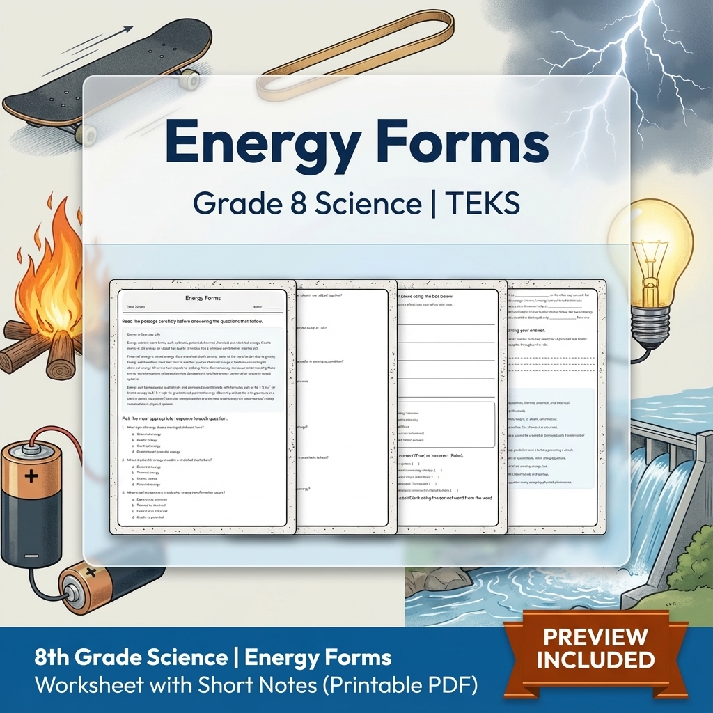 8th Grade Science | Energy Forms Worksheet with Short Notes (Printable PDF)