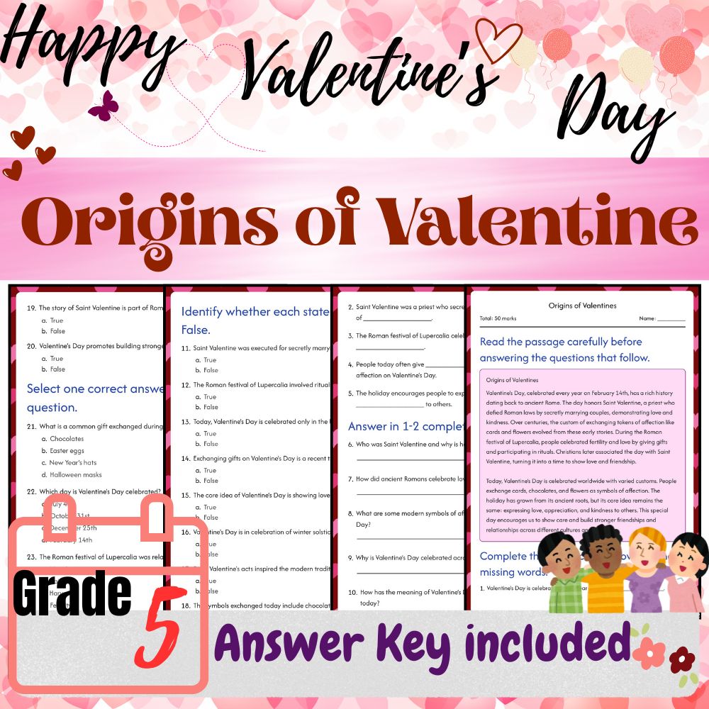 Grade 5 Seasonal Studying Bundle|Valentine's Day Symbols & Traditions Worksheets — included worksheet 2