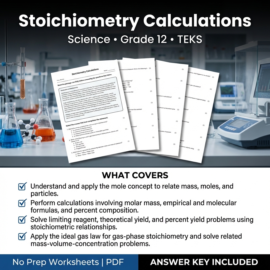 Grade 12 Science Worksheet | Stoichiometry Calculations | TEKS