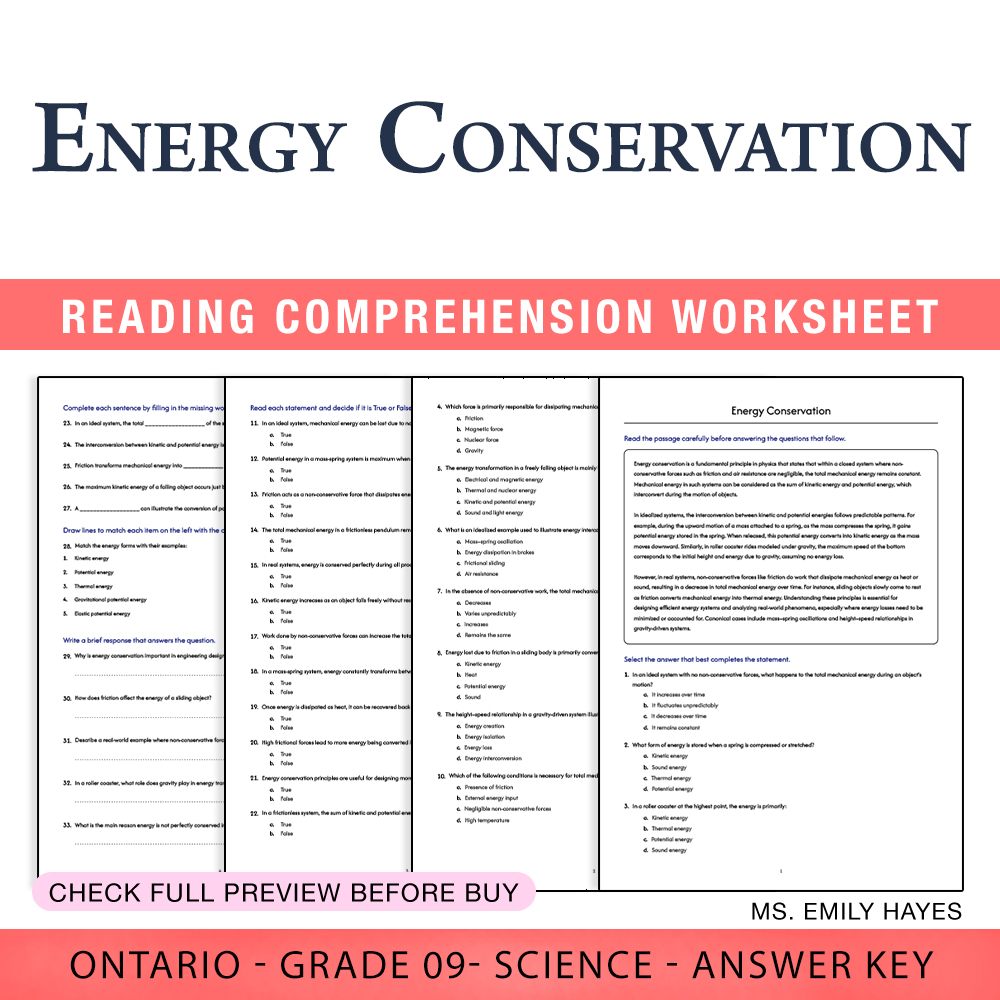 Grade 9 Science worksheet worksheet — Grade 9 Science | Energy Conservation Worksheet (PDF + Answer Key) — page 1