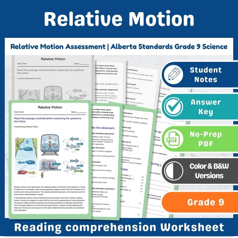 Grade 9 Science assessment worksheet — Relative Motion Assessment | Alberta Standards Grade 9 Science — page 1