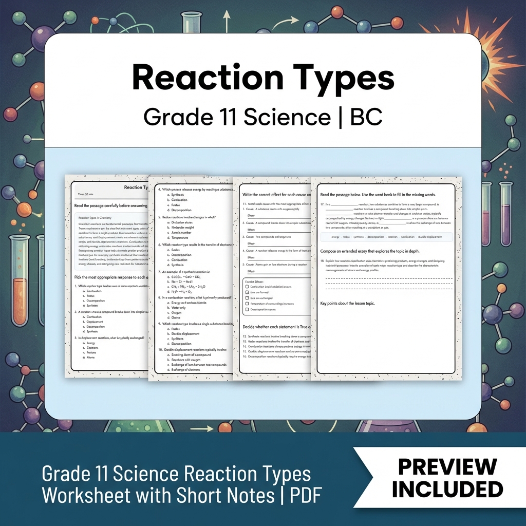 Grade 11 Science Worksheet Bundle | BC Framework | Reaction & Atomic Theory — included worksheet 9