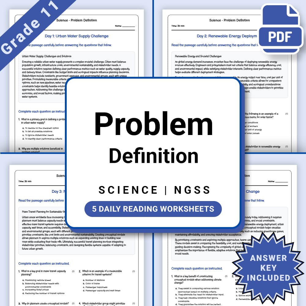 Grade 11 Science daily reading worksheet worksheet — Grade 11 Science – Problem Definition Worksheet (PDF +Answer Key) — p…