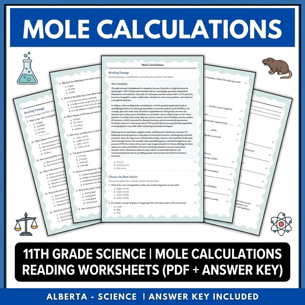 11th Grade Science | Mole Calculations Reading Worksheets (PDF + Answer Key)