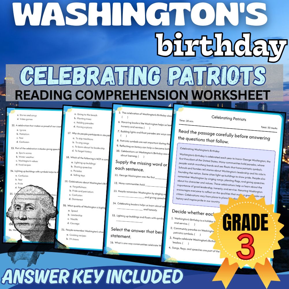 Grade 3 | Celebrating Washington’s Birthday Worksheet for Mastery|PDF+Answer Key