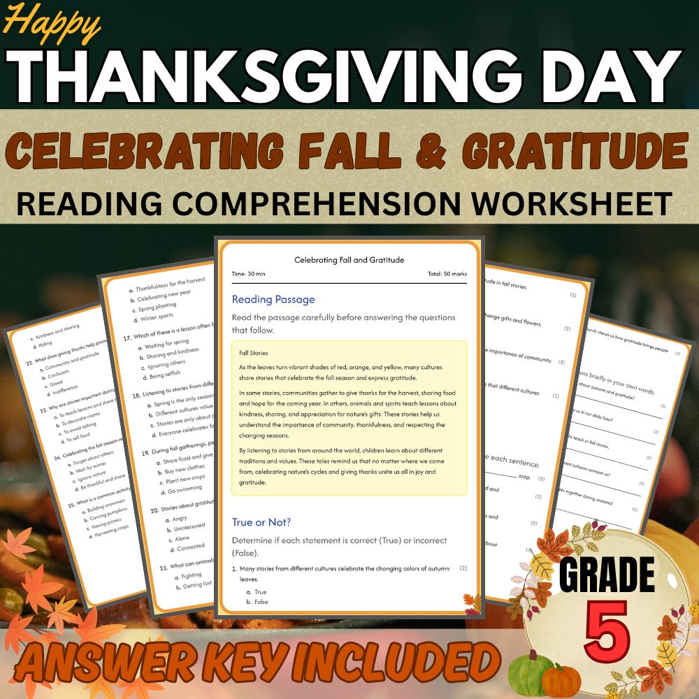 Grade 5 Seasonal Worksheets Bundle| Thanksgiving & Harvest Traditions Activities — included worksheet 3