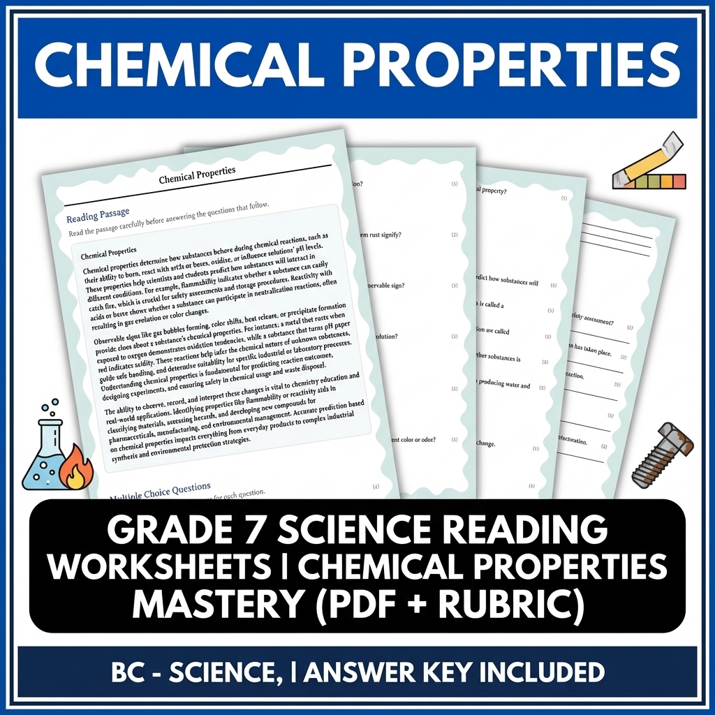 Grade 7 Science reading worksheets — Grade 7 Science Reading Worksheets | Chemical Properties Mastery (PDF + Rubric)