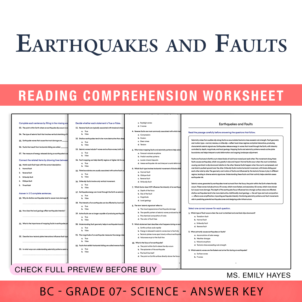 Grade 7 Science worksheet worksheet — Grade 7 Science | Earthquakes and Faults Worksheet (PDF+ Answer Key) — page 1