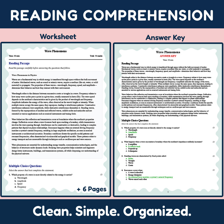 Grade 11 Science reading worksheets worksheet — Grade 11 Science | Wave Phenomena Reading Worksheet (PDF + Answer Key) — p…