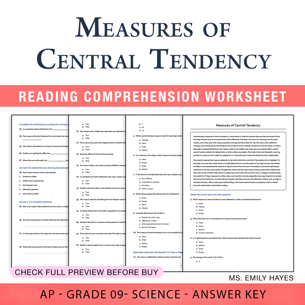 Grade 9 Science worksheet worksheet — 9th Grade Science | Measures of Central Tendency Worksheet (PDF+ Answer Key) — page 1