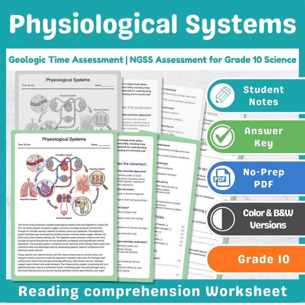 Grade 10 Science assessment worksheet — Physiological Systems Assessment – NGSS Standards-Aligned Grade 10 Science
