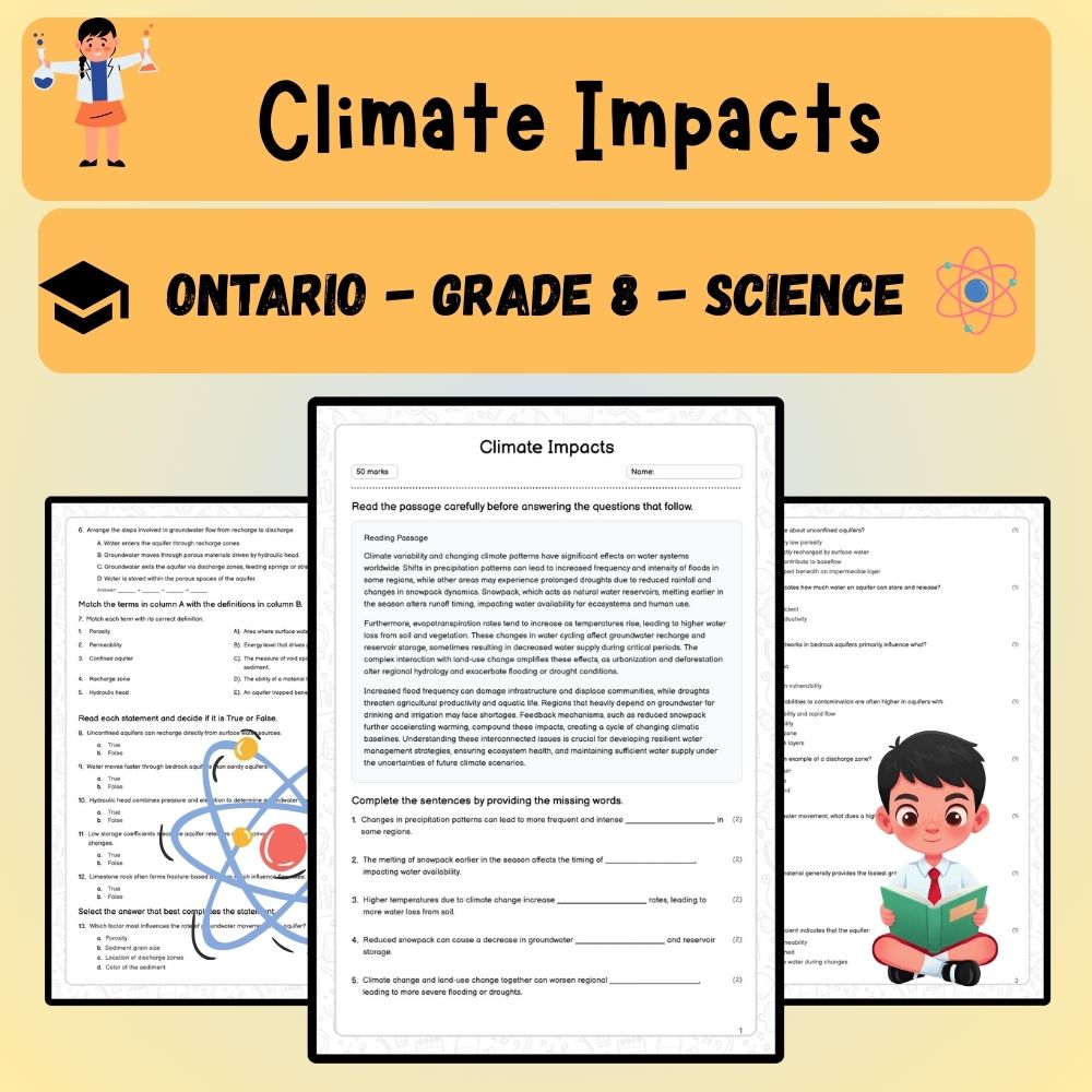 Grade 8 Science worksheet worksheet — Grade 8 Science | Climate Impacts Worksheet (PDF ) – Ontario Standards — page 1