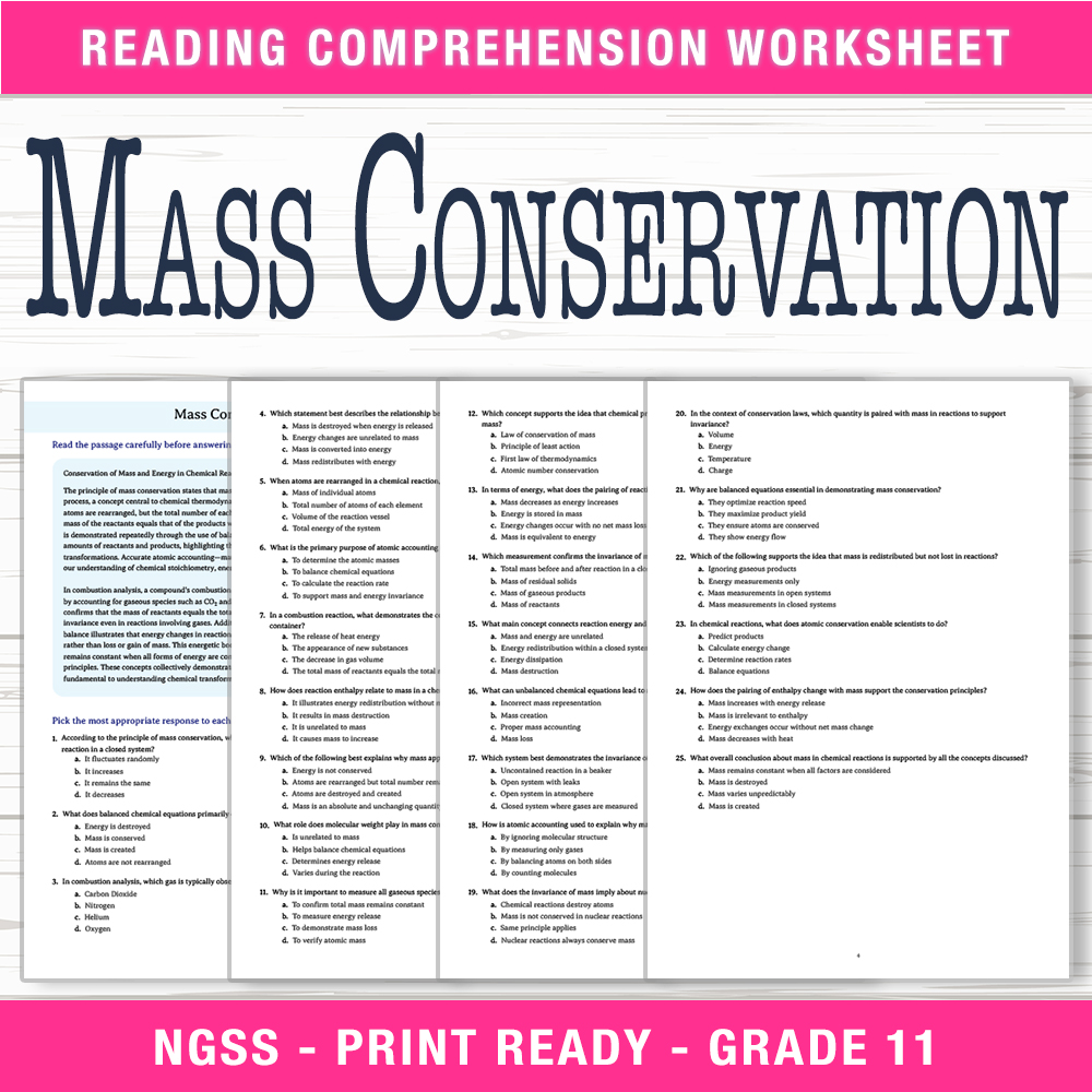 Grade 11 Science worksheet worksheet — Grade 11 Science – Mass Conservation Worksheet (PDF + Answer Key) — page 1