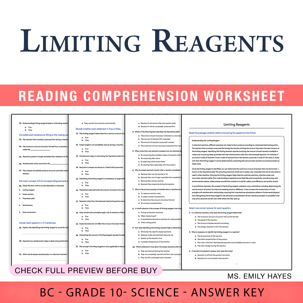 Grade 10 Science worksheet worksheet — Grade 10 Science | Limiting Reagents Worksheet (PDF + Answer Key) — page 1