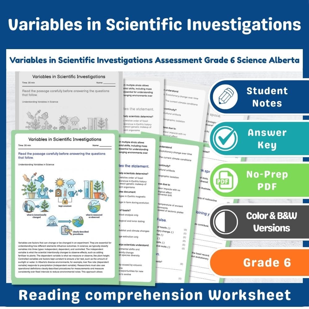 Grade 6 Science assessment worksheet — Variables in Scientific Investigations Assessment Grade 6 Science Alberta — page 1
